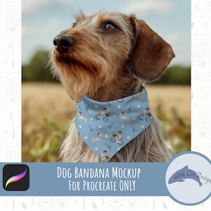 May include: A dog wearing a light blue bandana with a pattern of bicycles, Eiffel Towers, and figures. The bandana is around the dog's neck. The image also includes the text "DOG BANDANA MOCKUP FOR PROCREATE ONLY".