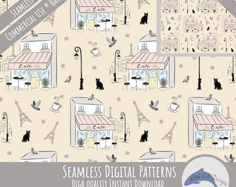 Paris Seamless Pattern Bundle Download, Hand Drawn Coffee Shop, Black Cat Coffee Digital City Life Repeatable Street Light Tile Pigeon File
