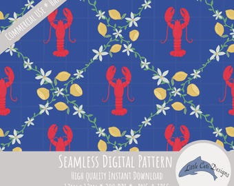Lobster Lemon Seamless Pattern Digital Download, Nautical Floral Tile, Amalfi Coastal Decor, Red Blue Citrus Kitchen, Summer Apron Pattern