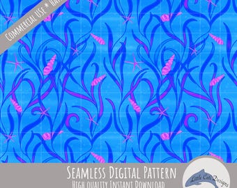 Vibrant Seashells Seamless Pattern Instant Digital Download, Ocean Seaweed & Starfish Nautical Digital Paper, Coastal Decor Marine Repeat