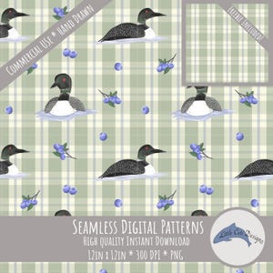 Patrón digital sin costuras de colimbo de Nueva Inglaterra, papel digital de casa de lago dibujado a mano, decoración rústica de estilo cottagecore con estampado de cuadros vichy, diseño de arándanos