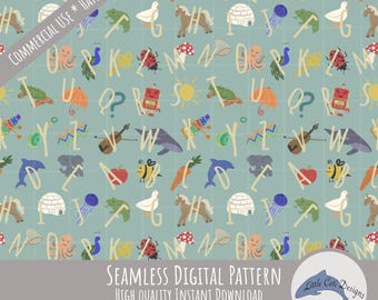 Kindergarten Seamless Pattern Digital, Hand Drawn Classroom Theme Alphabet Back to School PNG Education Printable Teacher Gift School Fabric