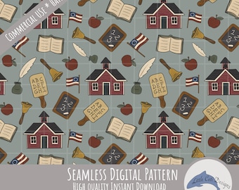 Vintage Schoolhouse Seamless Pattern Digital Download, Rustic Teacher Appreciation, Patriotic Art, Bookish Back to School Historical