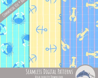 Preppy Coastal Seamless Pattern Bundle, Hand Drawn Nautical Digital Paper, Lobster Stripes Design, Crabs & Anchors Coastal Beach House Decor