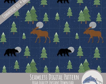 Winter Moose Seamless Pattern Digital Download, Snowy Forest Night Design, Pine Tree Moon Print, Rustic Bear Wildlife Paper, Vermont Vibes
