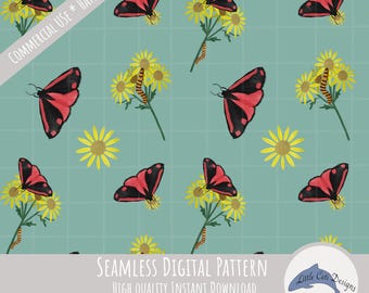 Cinnabar Moth Seamless Pattern Digital Download Hand Drawn Ragwort Flower Caterpillar Garden Design Nature Inspired Biodiversity Insect Gift