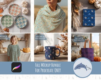 Fall Mockup Bundle for Procreate Halloween Pattern Display Autumn Product Scene Collection Scarf, Plates, Mug, Dress, Notebook, Tote Mockups