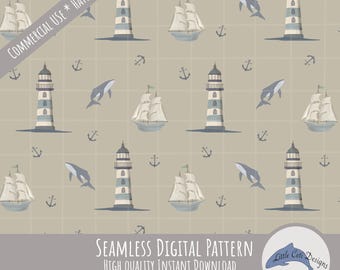 Nautical Seamless Pattern Digital Download, Hand Drawn Coastal Lighthouse & Tall Ships, Marine Humpback Whale Ocean Print, Wildlife Art
