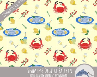 Crab Seafood Seamless Pattern Instant Download, Hand Drawn Coastal Sardines Digital Paper, Mediterranean Kitchen Design, Lemons, White Wine