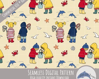 Seaside Kids Seamless Pattern Digital Download, Hand Drawn Nautical Beach Adventure Paper, Coastal Dolphins Ocean Design, Explore the Shore
