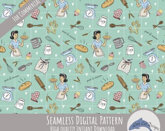 Vintage Pie Baker Seamless Pattern Digital, Apron Pattern, Retro Kitchen Design, Baking Nostalgia Cottage Aesthetic, Cooking Art