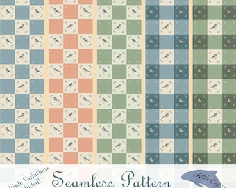 Spring Checkered Seamless Pattern Bundle, Garden Birds & Foliage Digital Paper, Cottagecore Gingham Design, Hand Drawn, PNG Download File.