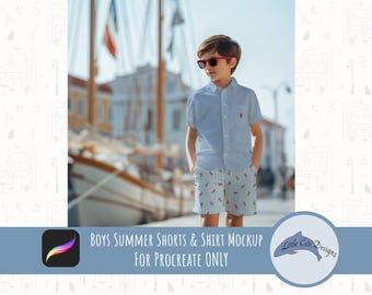 Boys Realistic Summer Apparel Mockup, Nautical Child Clothing Design Display Kid Summer Shorts, Sunglasses, Collared Shirt Procreate Mockup