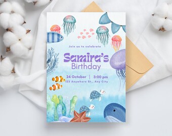 水彩画の海の下の誕生日招待状 - マーメイドオーシャンパーティー招待状、編集可能で印刷可能