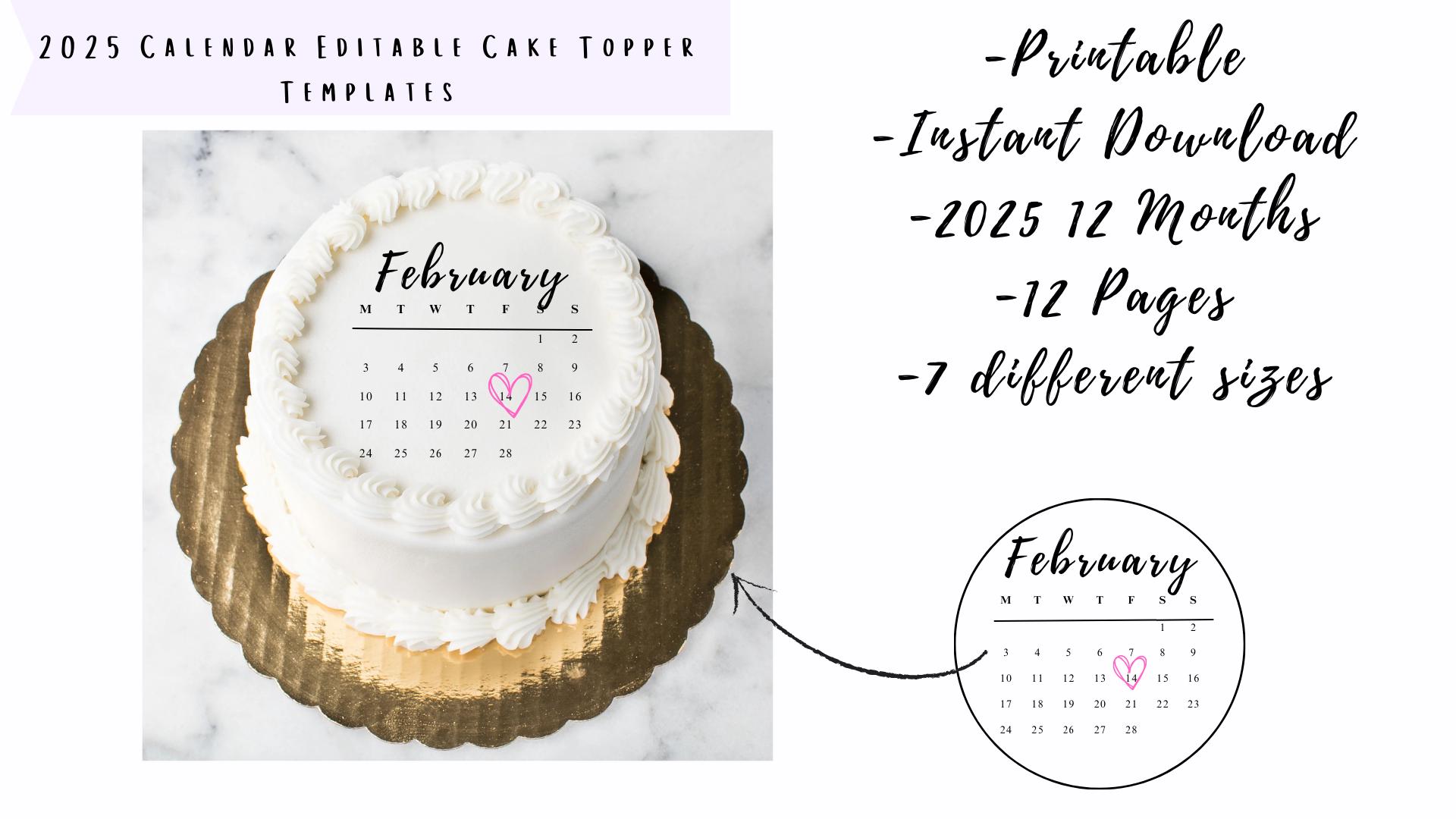 2025 Cake Topper Calendar Template (Burn Away), Custom Cale Topper (Round), Birthday Cake Topper, Canva Editable, Celebration Cake Topper