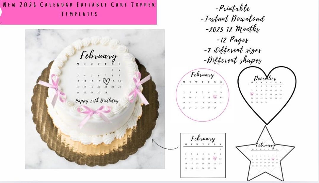 Generic Calendar Topper 2026 Calendar Cake Topper Template, Canva Editable (digital Download ...