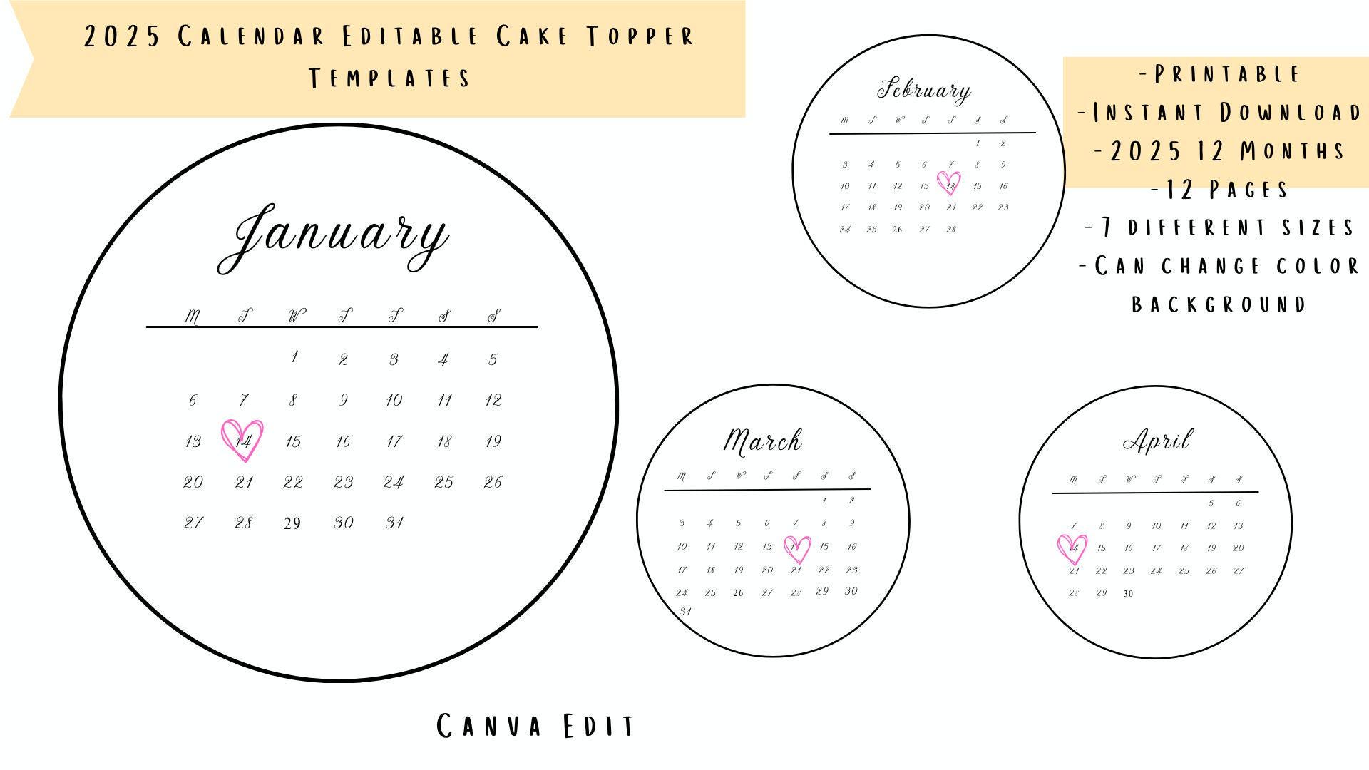 Generic Calendar Topper 2025 Calendar Cake Topper Template: Round, Editable Canva Design ...