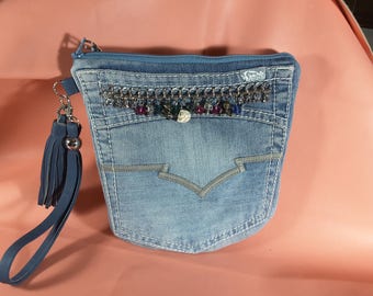 Denim purse new old blue pocket ..8 x 8 inches.. yummy sparkle charms decemberleahandbags