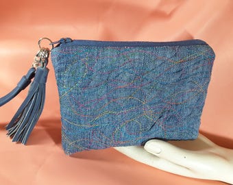 Denim rainbow zip let 6 x 4 1/2 inches.. with leather new tasisel and strap December Lea handbags