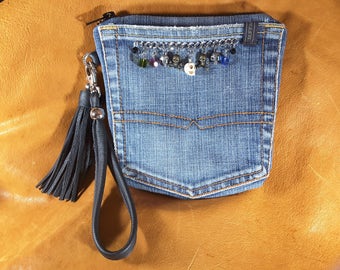 Denim wristlet skull charm purse 7 1/2 x 7 inches... black leather tassel and wrist strap December Lea handbags