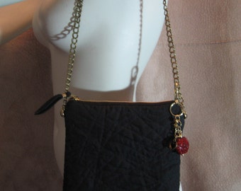 Linen shoulder bag black with brass chain strap top stitched quilted..lovely...!!!