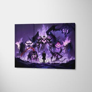 May include: A three-panel canvas print depicting a fantasy scene. A solitary figure confronts several imposing, dark, monstrous figures, set against a backdrop of swirling purple flames. The artwork has a dynamic and intense atmosphere.