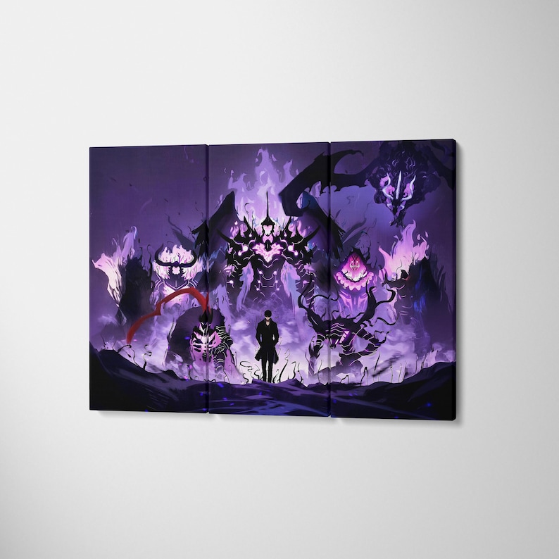 May include: A three-panel canvas print depicting a fantasy scene. A solitary figure confronts several imposing, dark, monstrous figures, set against a backdrop of swirling purple flames. The artwork has a dynamic and intense atmosphere.