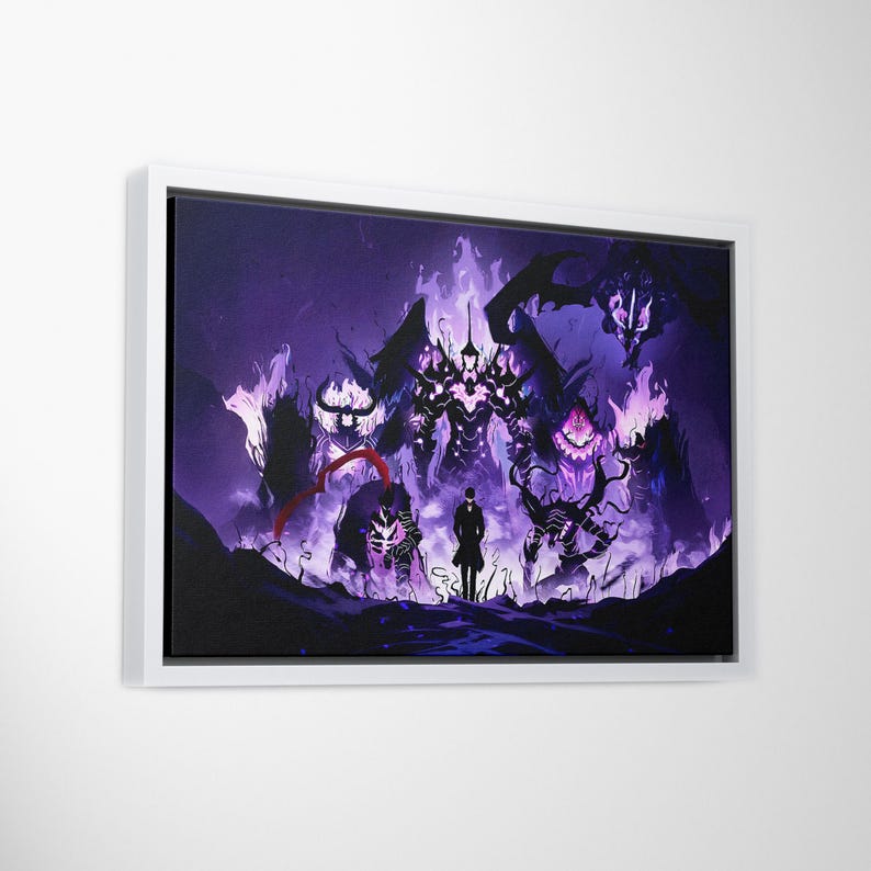 May include: A framed canvas print showcasing a dark fantasy illustration. The image presents a solitary figure facing multiple monstrous entities amidst purple flames. The artwork's colour scheme is primarily purple and black.