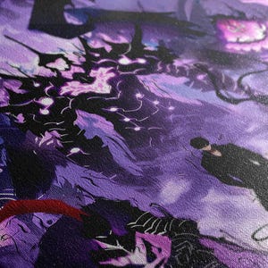 May include: Close-up of a canvas print featuring a fantasy illustration in shades of purple and black. The artwork depicts a detailed scene with a figure in the distance, and a large, dark, shadowy creature.