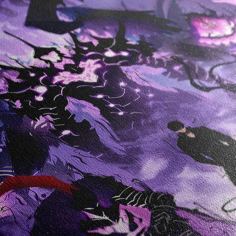 May include: Close-up of a canvas print featuring a fantasy illustration in shades of purple and black. The artwork depicts a detailed scene with a figure in the distance, and a large, dark, shadowy creature.
