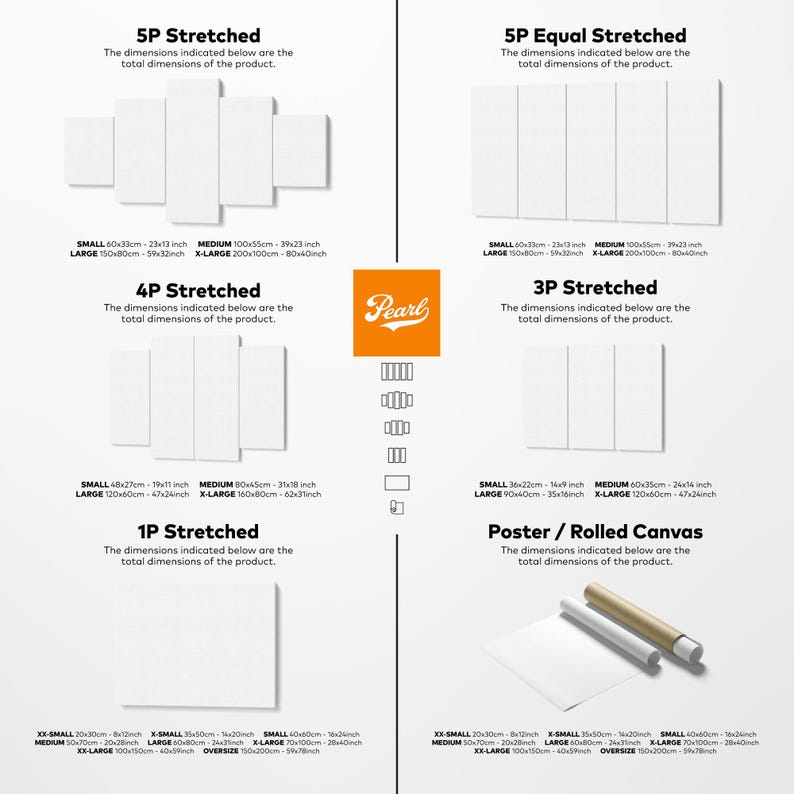 May include: Diagram showing canvas art dimensions, including 5P Stretched, 5P Equal Stretched, 4P Stretched, 3P Stretched, 1P Stretched, and Poster/Rolled Canvas options. Sizes range from XX-Small to Oversize, with measurements in cm and inches.