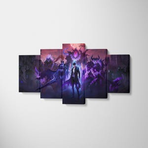 May include: A five-panel canvas art piece featuring a fantasy illustration. The artwork depicts a central figure in a dark coat, surrounded by menacing, purple-hued creatures against a dramatic, fiery sky. The overall theme is dark fantasy.