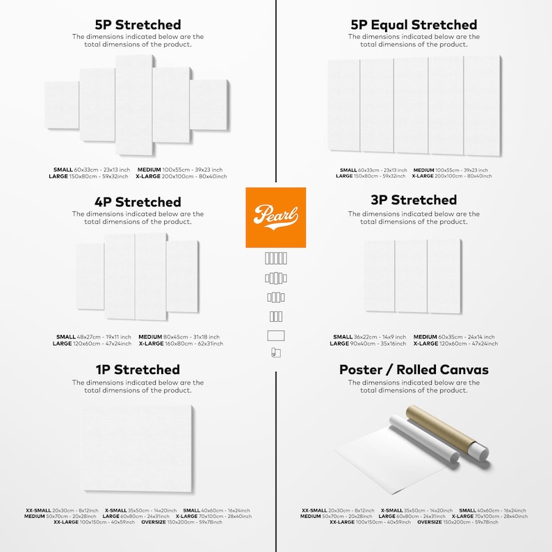 May include: A white canvas print product display with size options. The display shows various stretched canvas configurations: 5P, 5P Equal, 4P, 3P, and 1P, along with a poster/rolled canvas option. Dimensions are listed in cm and inches.