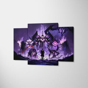 May include: A four-panel canvas art piece depicting a dark fantasy scene. The artwork shows a figure in a black coat facing several monstrous figures in a purple and black colour scheme. The overall theme is dark fantasy.