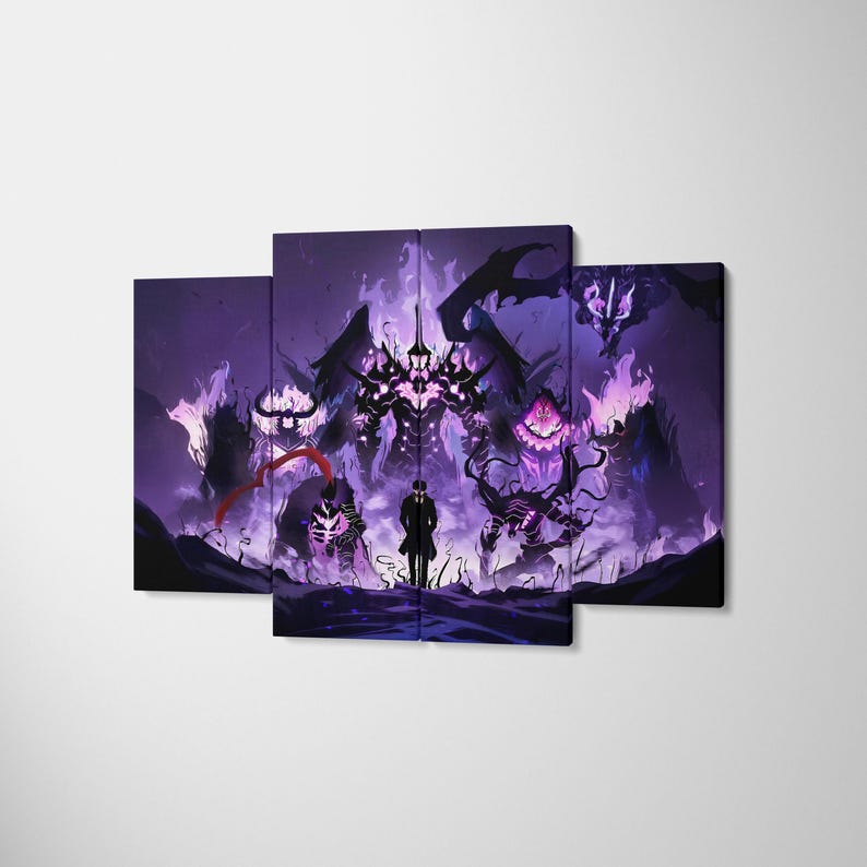 May include: A four-panel canvas art piece depicting a dark fantasy scene. The artwork shows a figure in a black coat facing several monstrous figures in a purple and black colour scheme. The overall theme is dark fantasy.
