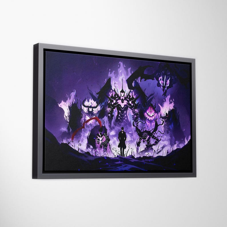May include: A framed canvas art print showcasing a dramatic fantasy scene. The artwork features a lone figure facing several imposing, shadowy figures with glowing purple accents, set against a dark, fiery background. The frame is black.