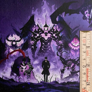 May include: A canvas print depicting a dark fantasy scene with a central figure in a black coat, surrounded by monstrous figures in shades of purple and black. The artwork is approximately 7.6 cm wide.