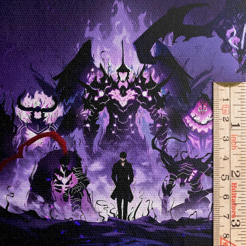 May include: A canvas print depicting a dark fantasy scene with a central figure in a black coat, surrounded by monstrous figures in shades of purple and black. The artwork is approximately 7.6 cm wide.
