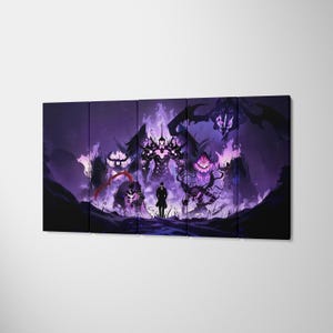 May include: A multi-panel canvas art print showing a dark fantasy scene in purple and black hues. A solitary figure stands before several imposing, monstrous figures surrounded by flames. The artwork conveys a sense of epic scale and dark fantasy.