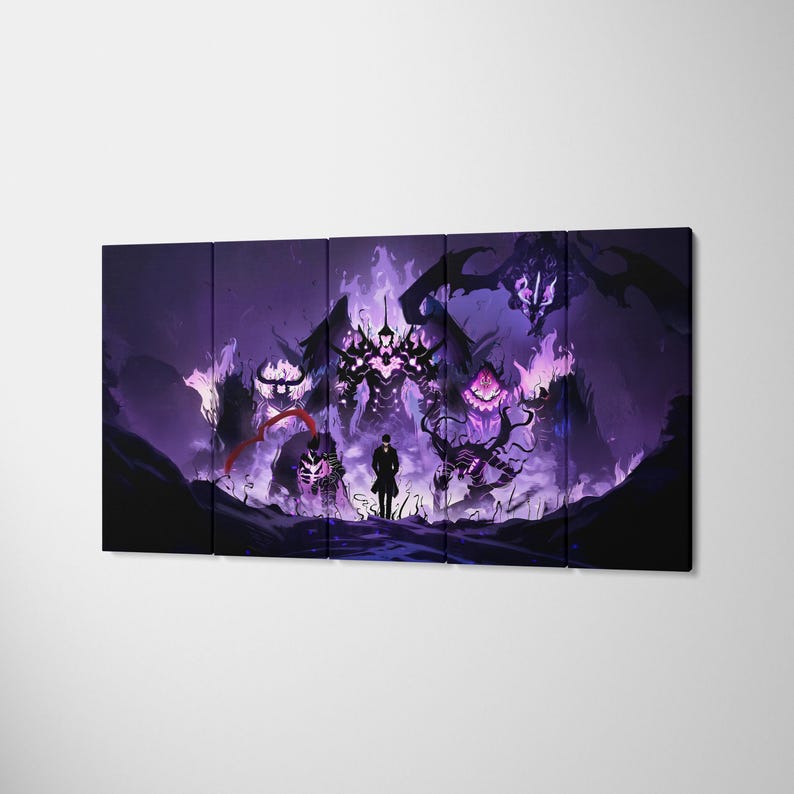 May include: A multi-panel canvas art print showing a dark fantasy scene in purple and black hues. A solitary figure stands before several imposing, monstrous figures surrounded by flames. The artwork conveys a sense of epic scale and dark fantasy.