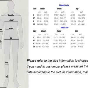 May include: A diagram with a human silhouette labeled with body measurements, including chest, waist, and hip, in both centimeters and inches. Size charts for women and men are displayed, with measurements for chest, waist, hip, and height.