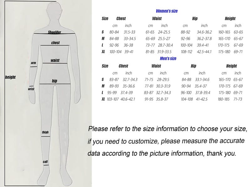 May include: A diagram with a human silhouette labeled with body measurements, including chest, waist, and hip, in both centimeters and inches. Size charts for women and men are displayed, with measurements for chest, waist, hip, and height.