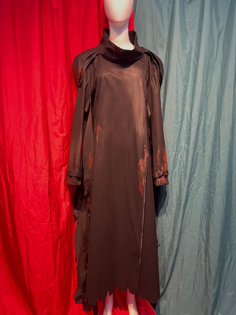 May include: A long, black garment with a high collar and long sleeves. The dress has a distressed appearance with red accents and a jagged hemline. The garment is displayed on a mannequin against a backdrop of red and teal curtains.