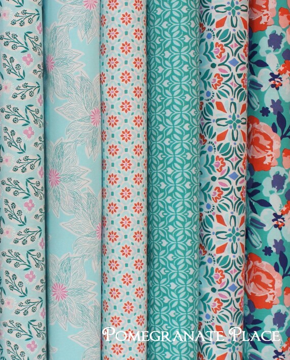 floral and geometric 6 Half yards VOYAGE by KATE SPAIN Moda Fabrics .. orange purple pink blue Mandarin Colorway ..