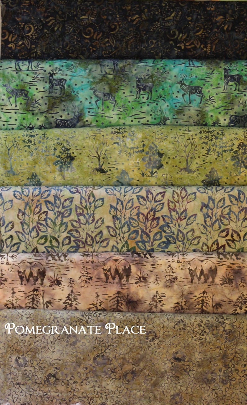 Moss .. moss green trees forest Bear Creek Batiks by Moda Fabrics .. woods 4344 19 Northwoods in light green ..