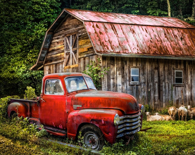 Pickup Truck Barn and Sheep Fabric Panel by David Textiles 36 - Etsy