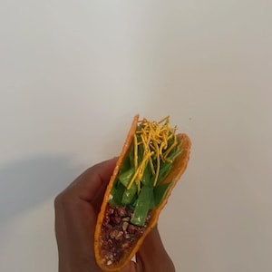 May include: A vibrant orange taco shell filled with green lettuce, dark red beans, and topped with yellow shredded cheese. The taco is held against a plain white background, showcasing the colorful ingredients.