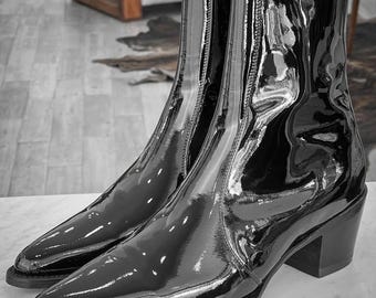 New Handmade Pure Patent Leather Zipper Ankle Boot For Men