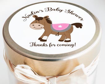 Western Baby Shower Sticker, Pink Horse Round Favor Sticker, Girl Baby Shower Favors, Printed and Shipped