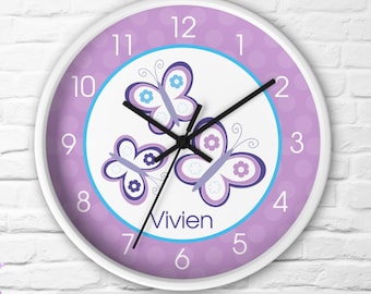 Purple Butterfly Wall Clock, Teal and Purple Butterflies, Girls Room Clock, Baby Girl Nursery Clock, Personalized